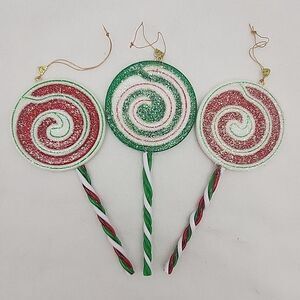 Ornament 3 Lollipop Glitter Swirl Candy Sugar Pop Sweet Tooth Christmas Vintage